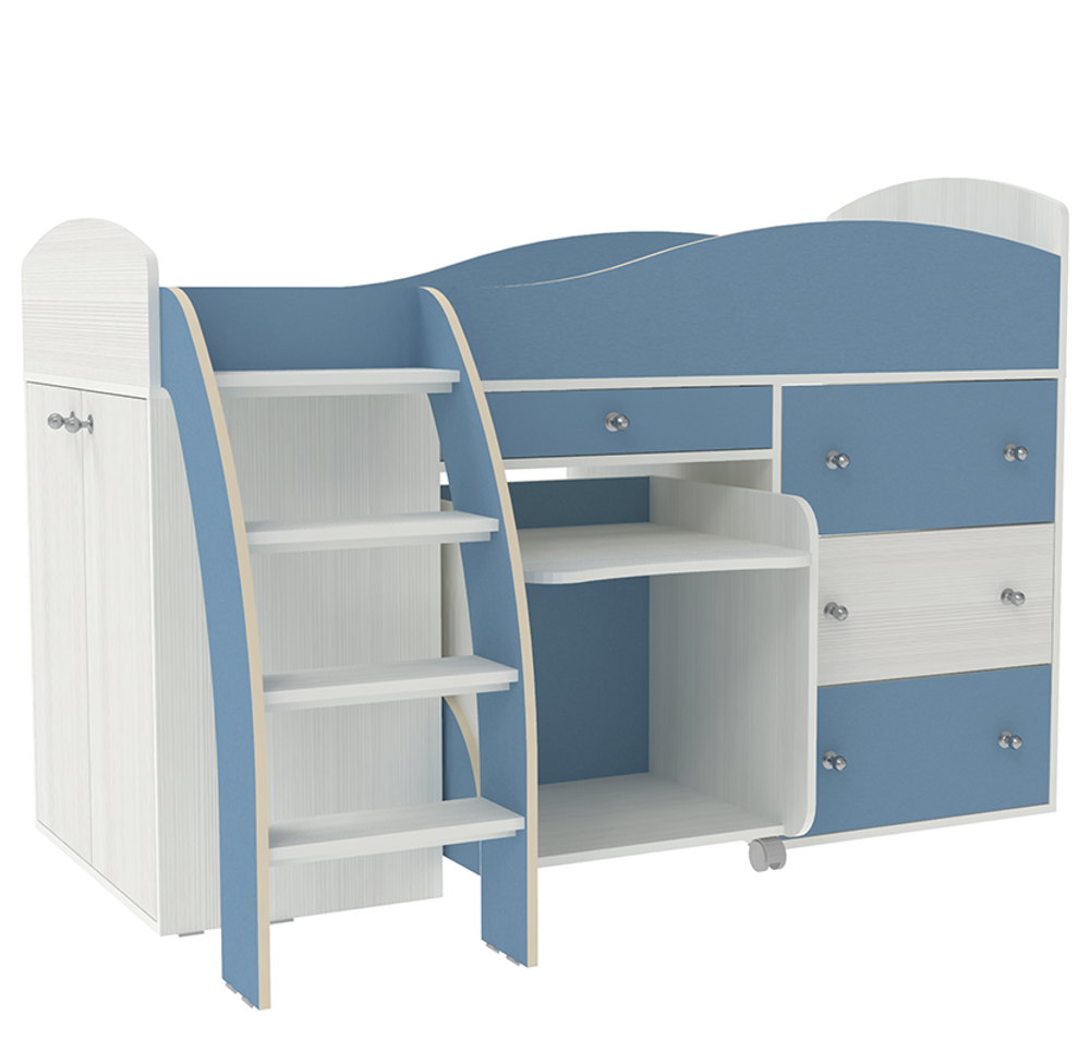Кровать-чердак КарИВи Малыш 2 Белое Дерево Светло-синий, голубой