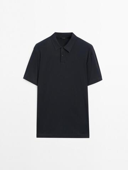 Massimo Dutti Хлопковая футболка-поло с короткими рукавами, темно-синий