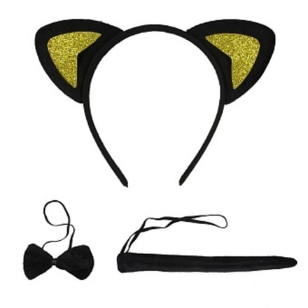 Набор (ушки, бантик, хвостик) Котик Черный/Золото с блестками