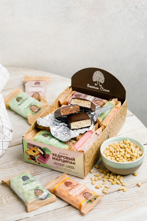 Кедровый марципан Ассорти /классика,облепиха,клюква,шоколад / бокс / 18шт / 720г / ТМ Сибирский кедр