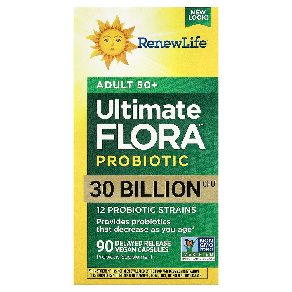 Renew Life, Ultimate Flora™, пробиотик для взрослых старше 50 лет, 30 млрд КОЕ, 90 веганских капсул с отсроченным высвобождением