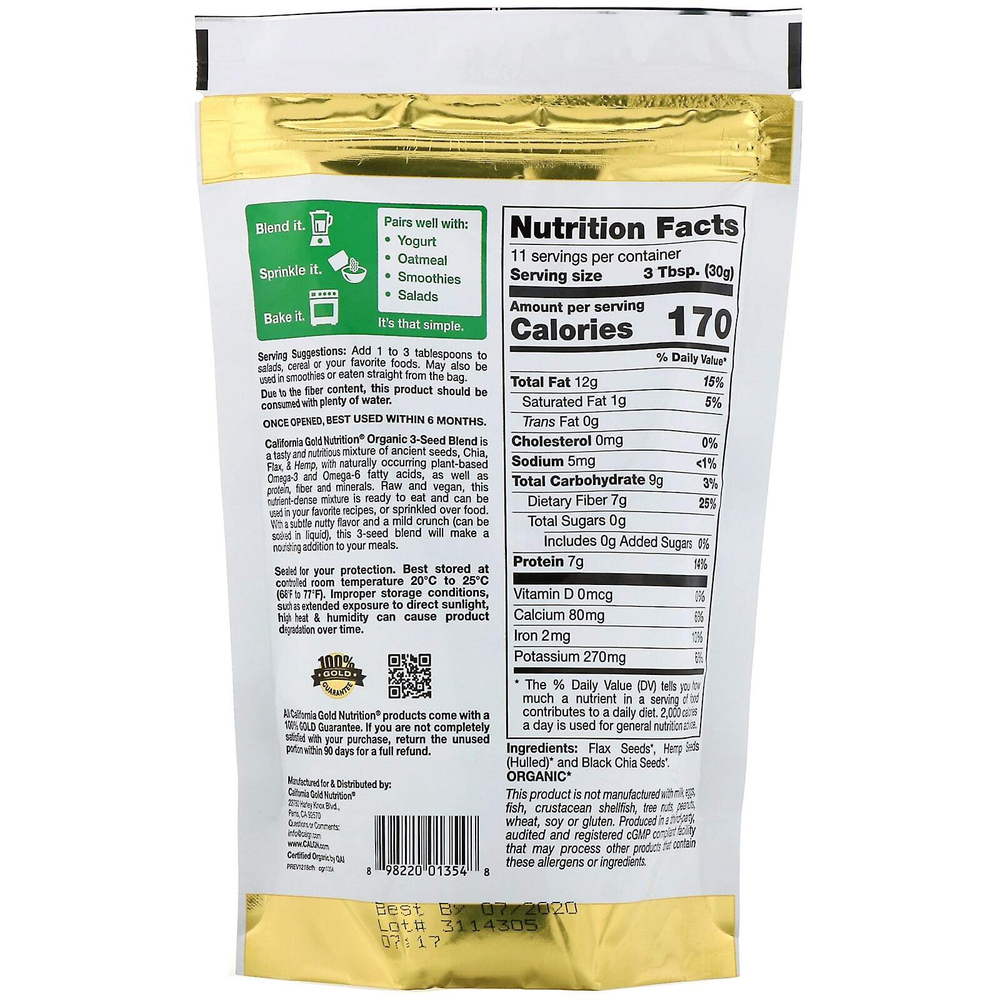 California Gold Nutrition, смесь 3 видов органических семян, растительные омега-кислоты, с древними семенами чиа, конопли и льна, 340 г (12 унций)