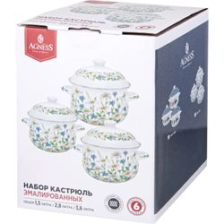 НАБОР КАСТРЮЛЬ AGNESS ЭМАЛИРОВАННЫХ СЕРИЯ "FAMILY FARM", 6ПР. 1,5/2,8/3,6Л, 16Х10/20Х12/22Х13СМ