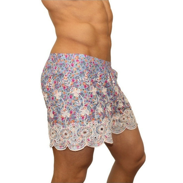 Мужские трусы-шорты голубые с разноцветными цветами и кружевной окантовкой Romeo Rossi Shorts RR00305