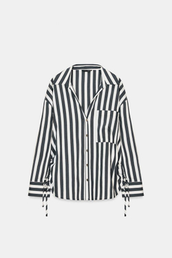 ZARA РУБАШКА В ПОЛОСКУ СО ШНУРКАМИ ПО БОКАМ, ЭКРЮ/ЧЕРНЫЙ