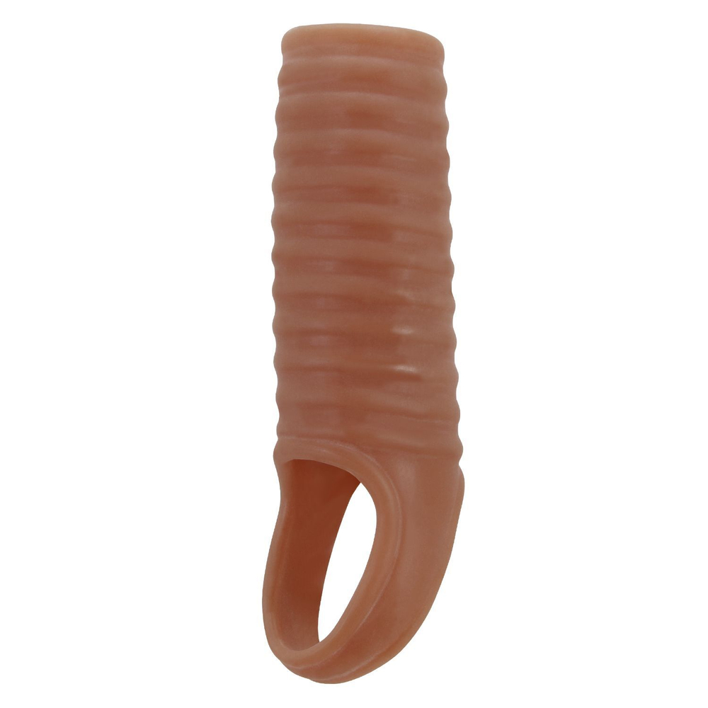 Телесная насадка на пенис с ребрышками и подхватом мошонки (Цвет: телесный)
