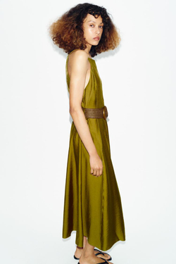 ZARA ПЛАТЬЕ МИДИ С ПОЯСОМ, ХАКИ