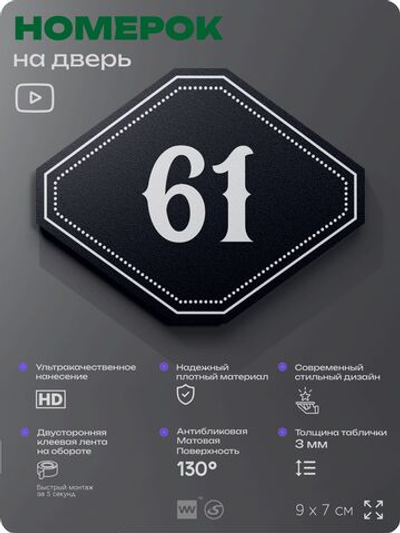 Номерок на дверь квартиры 61, для кабинета, офиса, шильдик 9 х 7 см, черный, Айдентика Технолоджи
