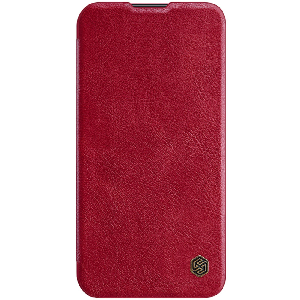 Кожаный чехол книжка красного цвета от Nillkin для iPhone 14 и 13, серия Qin Pro Leather с защитной шторкой для камеры