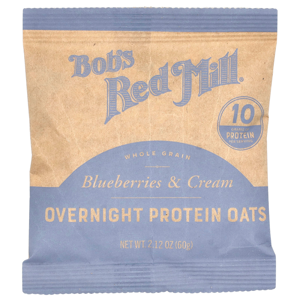 Bob's Red Mill, Overnight Protein Oats, цельнозерновые продукты, голубика и сливки, 4 пакетика по 60 г (2,12 унции)