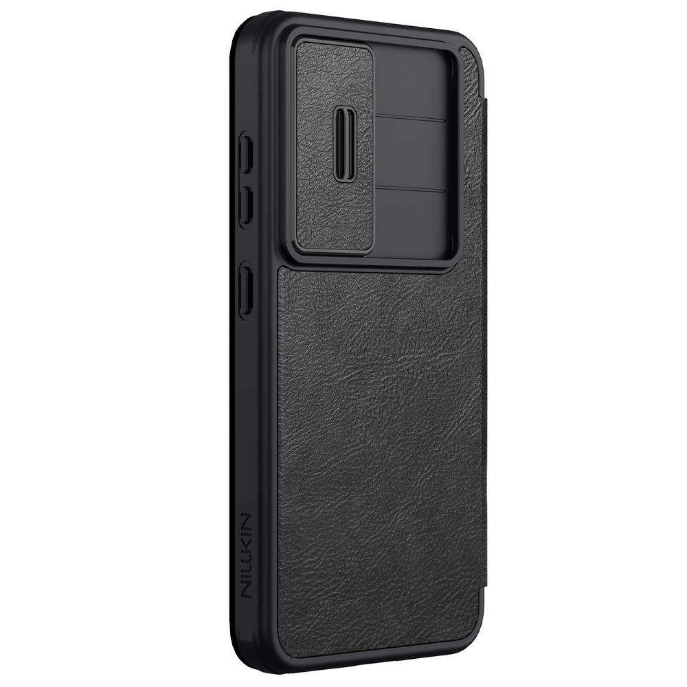 Кожаный чехол книжка черного цвета от Nillkin для смартфона Samsung Galaxy S25+, серия Qin Pro Leather с сдвижной защитной шторкой для камеры