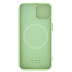 Чехол с шелковистым покрытием зеленого цвета (Mint Green) от Nillkin для iPhone 15, серия CamShield Silky Magnetic Silicone Case (поддержка беспроводной зарядки MagSafe)