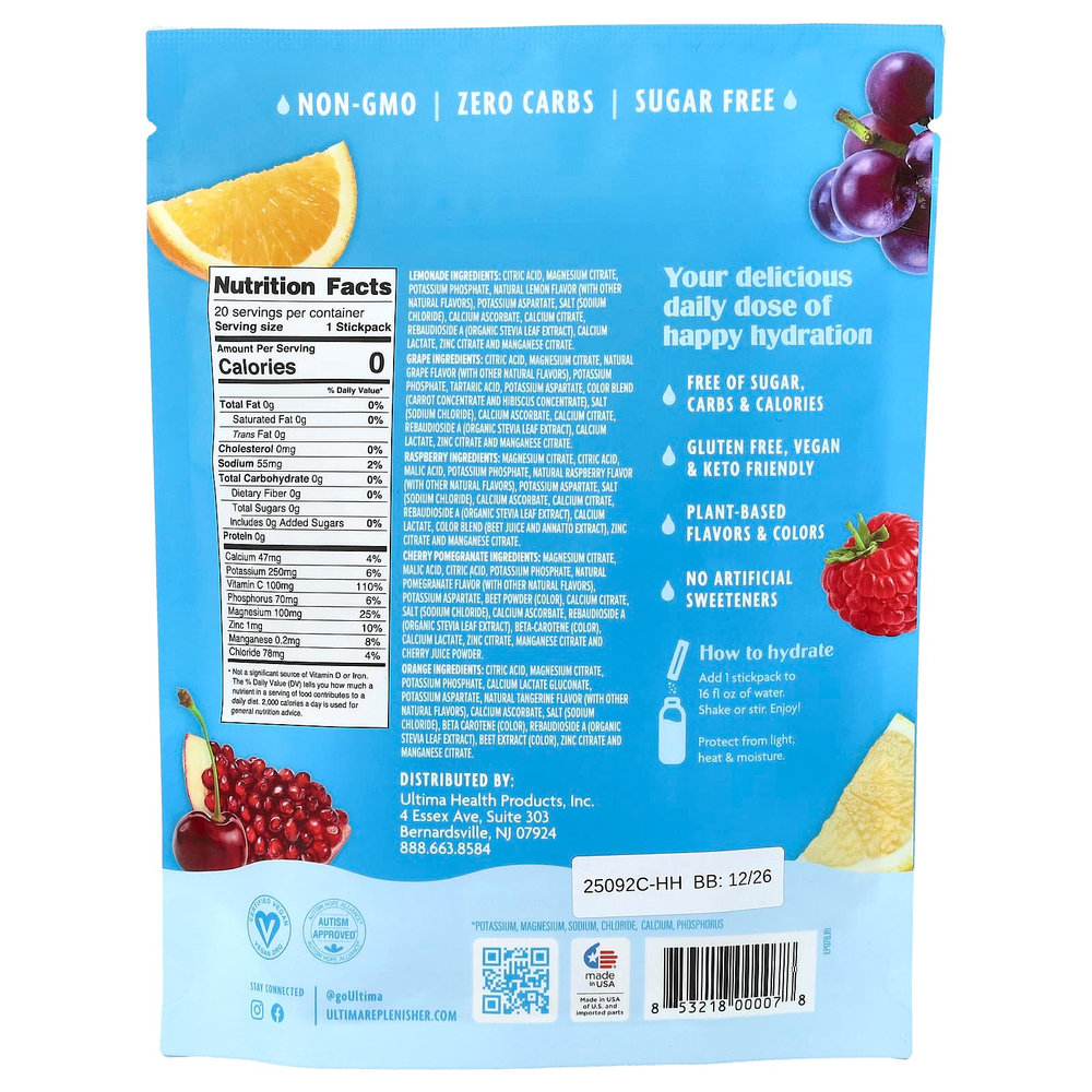 Ultima Replenisher, 6 Essential Electrolytes, смесь для приготовления электролитического напитка для ежедневного приема, оригинальный ассорти, 20 стик-пакетов, 70 г (2,5 унции)