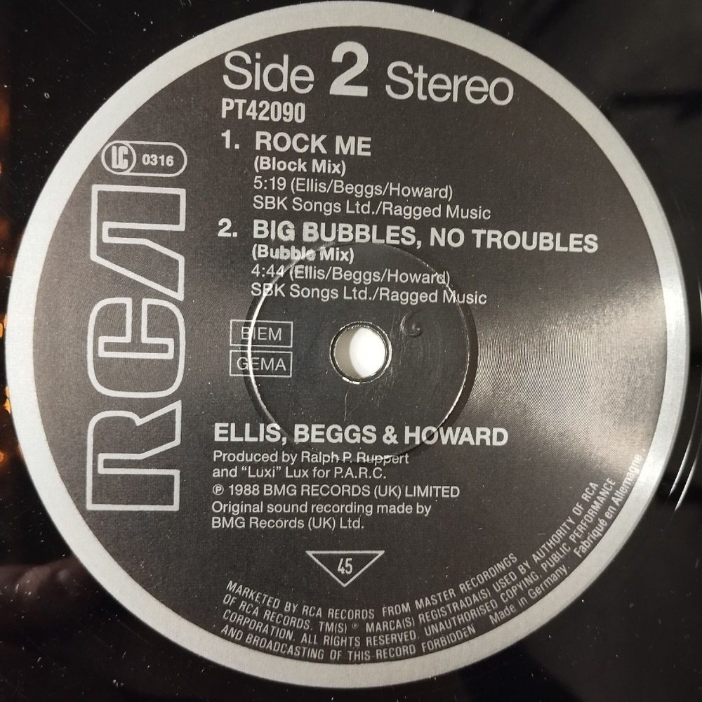 Винтажная виниловая пластинка LP Ellis, Beggs and Howard Big Bubbles, No Troubles (Germany 1989) 45 RPM Maxi Single