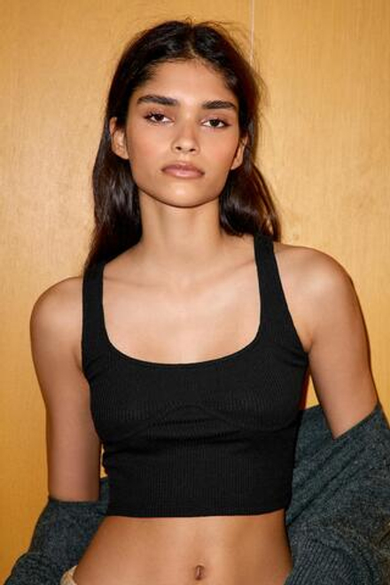 ZARA КРОП-ТОП НА БРЕТЕЛЯХ В РУБЧИК, ЧЕРНЫЙ