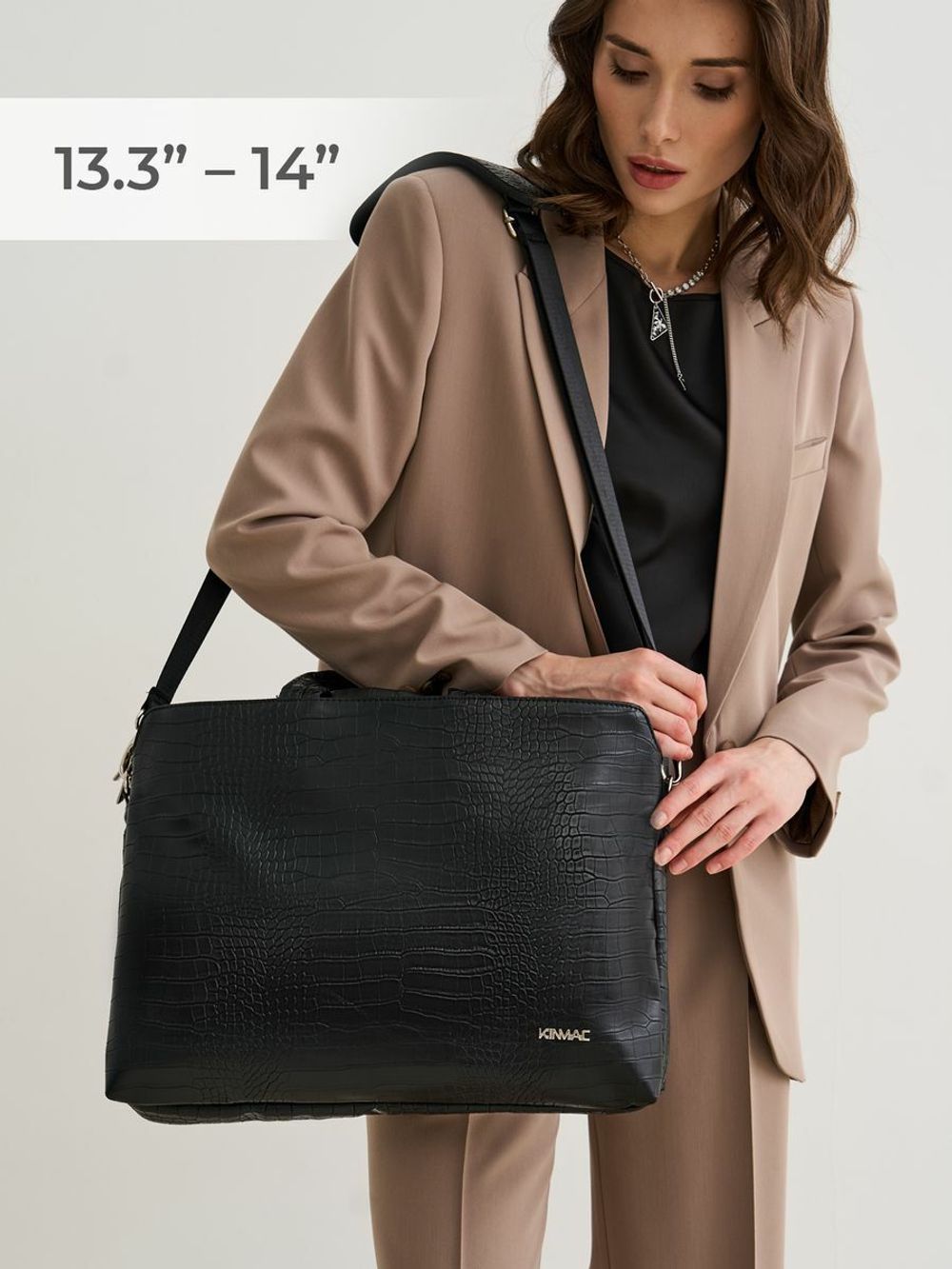 Сумка для ноутбука 13,3" и 14" с ремнем на плечо и 3 отделениями (Лакированный черный)