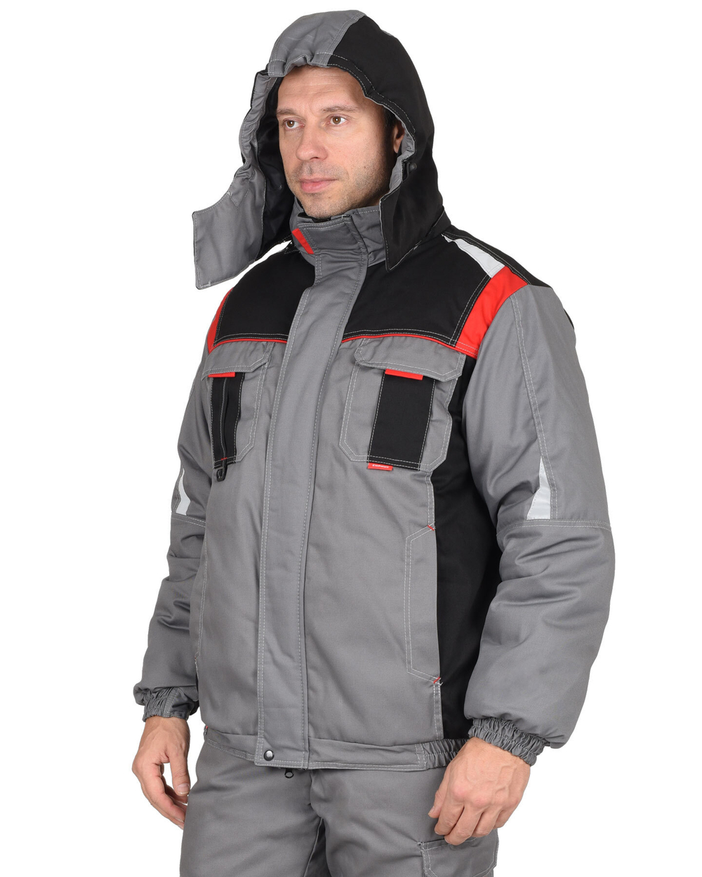 Костюм "Стан" зимний: куртка, п/к, средне-серый с черной и красной отделкой