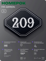 Номерок на дверь квартиры 209, для кабинета, офиса, шильдик 9 х 7 см, черный, Айдентика Технолоджи