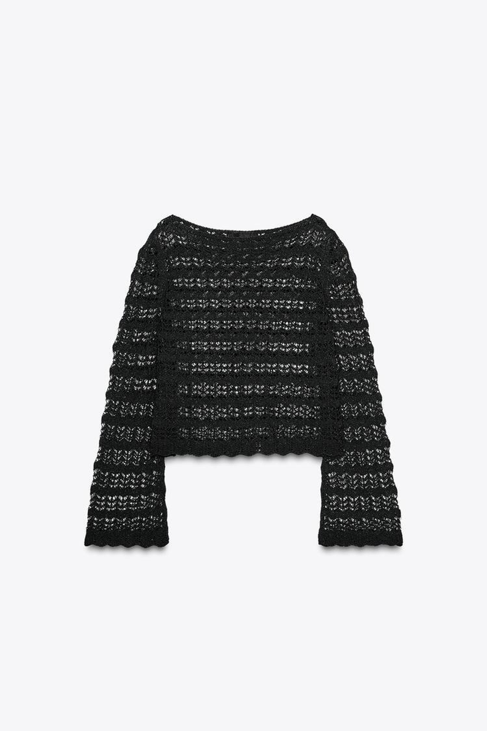 ZARA УКОРОЧЕННЫЙ СВИТЕР АЖУРНОЙ ВЯЗКИ, ЧЕРНЫЙ