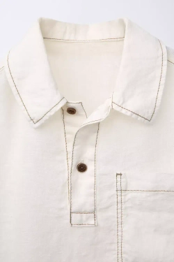 ZARA РУБАШКА ИЗ 100% ЛЬНА С КОНТРАСТНОЙ ОТДЕЛКОЙ, СВЕТЛО-БЕЖЕВЫЙ