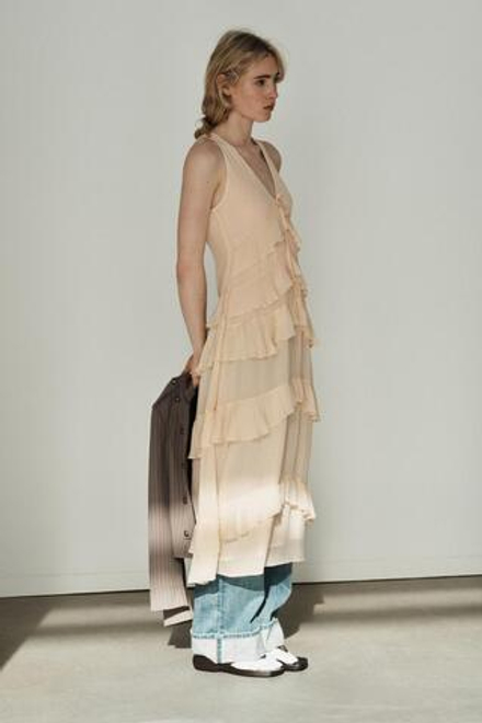 ZARA ПЛАТЬЕ МИДИ С ВОЛАНАМИ, КРЕМОВЫЙ