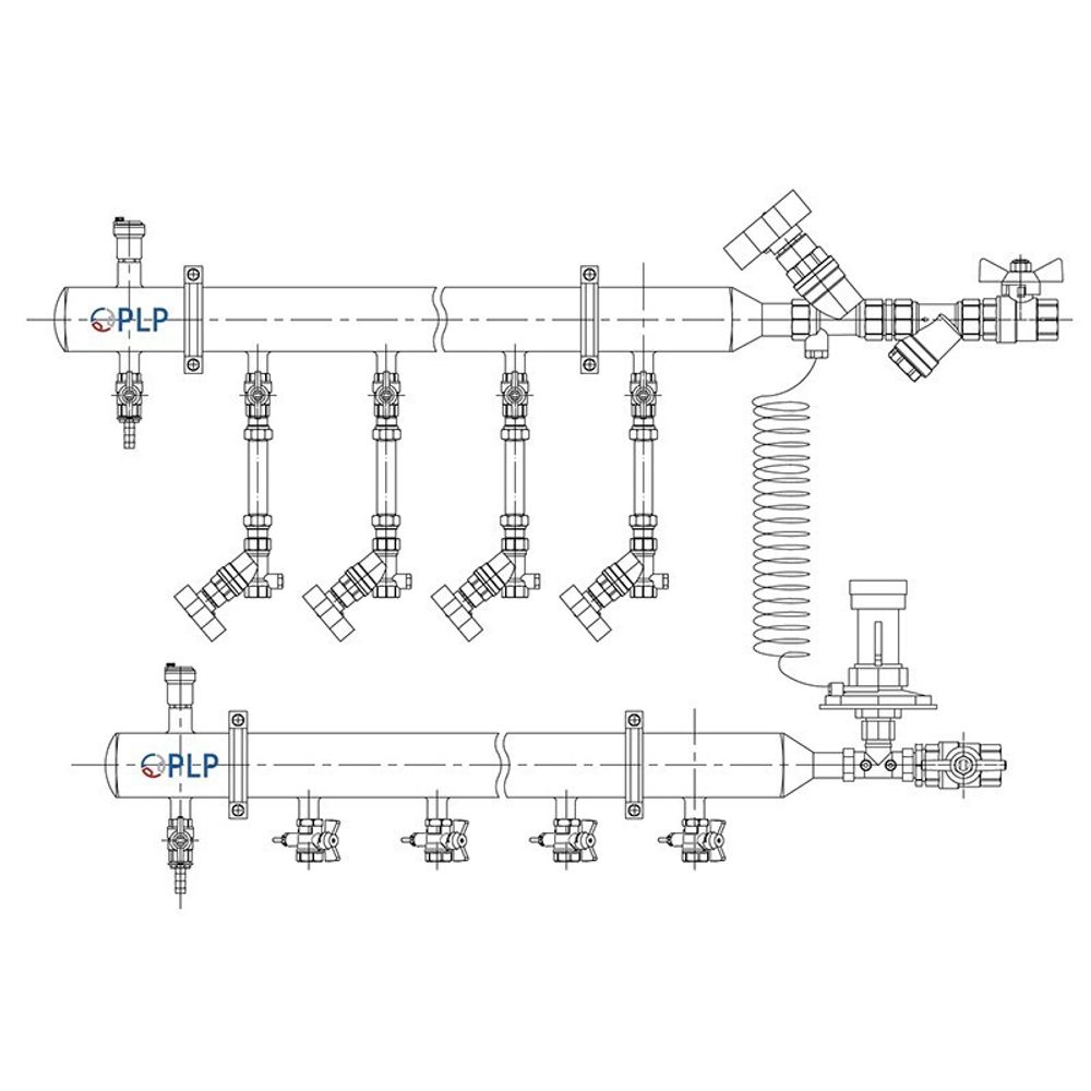 Узел коллекторный для отопления этажный с левым подключением на 2 выхода PLP УКЭО-Л-25-Р25-А15-50СТ-100-2-15-Р15-ВП110-АВ-КД