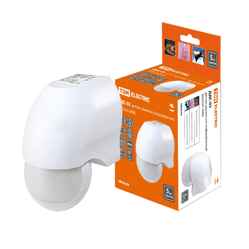 TDM ДДС-03 ИК-Датчик движ. на стену ОУ 1100W 5-480с 10м 5+Лк 180гр SQ0324-0008