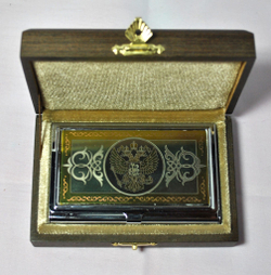 Стильная металлическая визитница "Герб РФ" №2 с цирконием