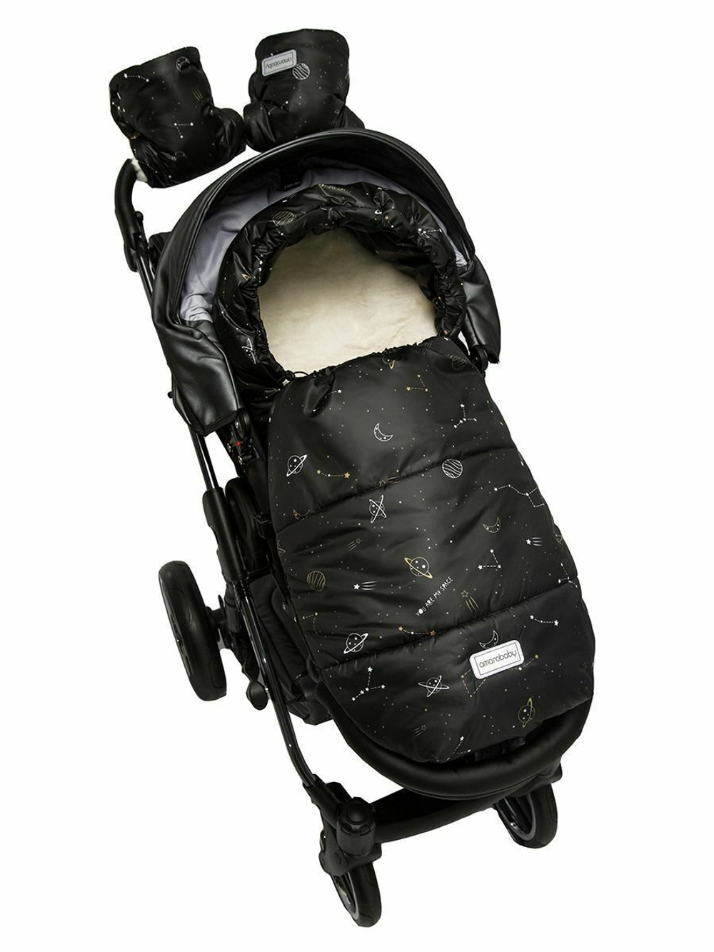 Конверт зимний меховой AMAROBABY Snowy Baby Космос, черный, 85 см.