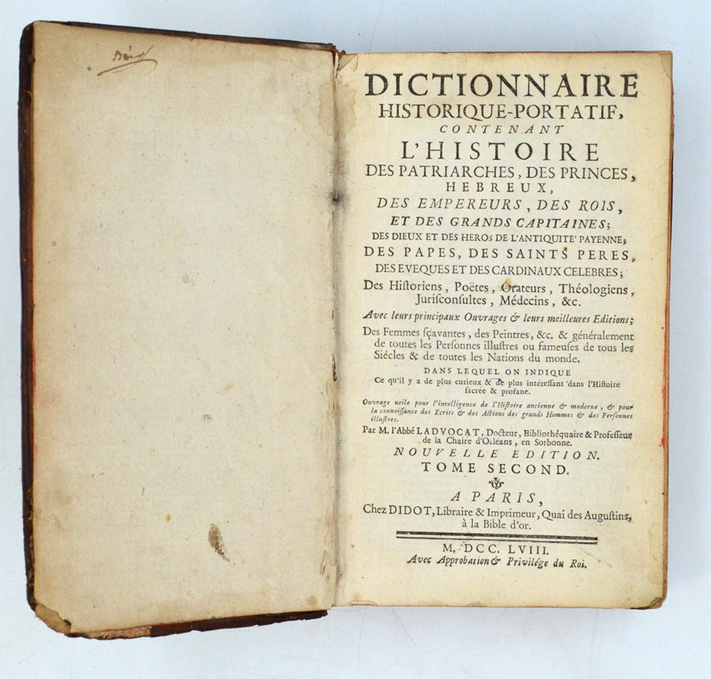 Ладвокат Ж. Б. Историко-Портативный Словарь. В 2 т. Т. 1-2. Париж, 1758. На французском языке.