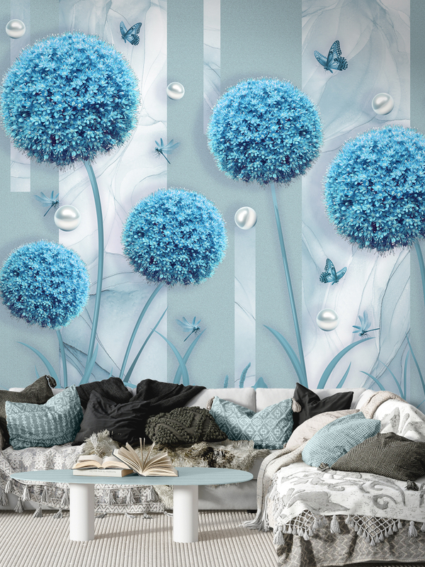3D Фотообои голубые одуванчики и мрамор