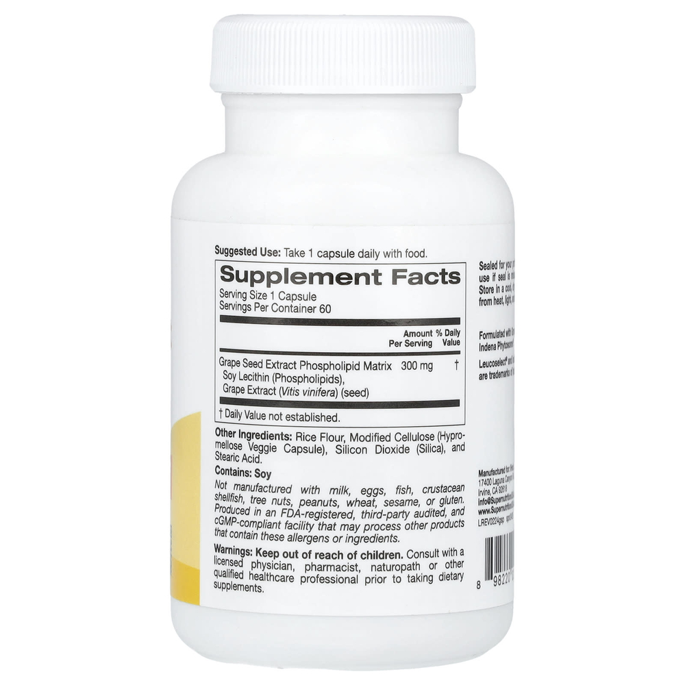 Super Nutrition, фитосомы виноградных косточек, 300 мг, 60 растительных капсул