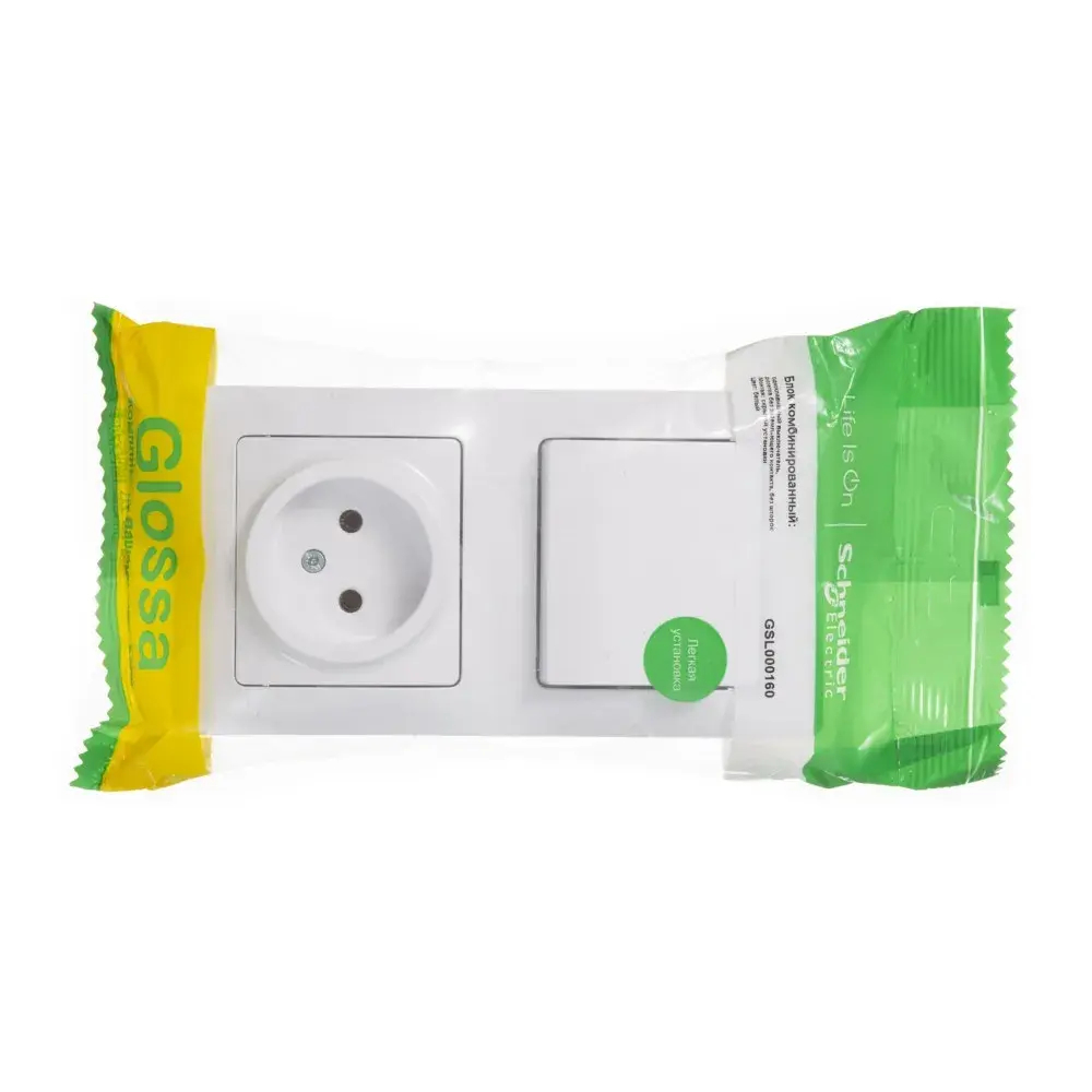 GLOSSA БЛОК: РОЗЕТКА без заземления + 1-клавишный ВЫКЛЮЧАТЕЛЬ, БЕЛЫЙ