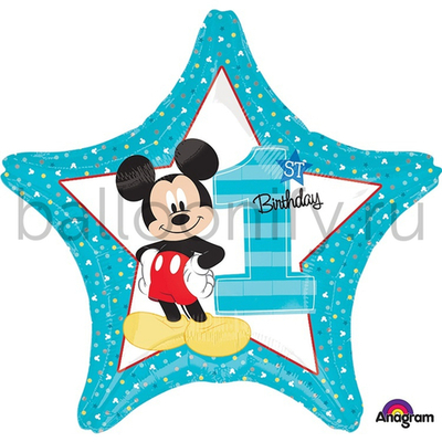 Фольгированная фигура, звезда с рисунком, Микки Маус 1й День Рождения, 18"/46СМ