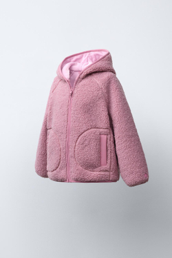 ZARA КУРТКА ИЗ ИСКУССТВЕННОЙ ОВЧИНЫ С КАПЮШОНОМ, РОЗОВЫЙ