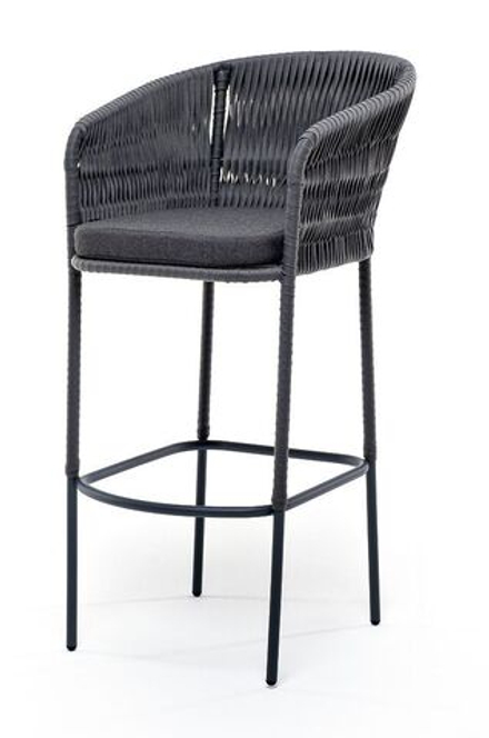 "Бордо" стул барный плетеный из роупа (колос), каркас из стали серый (RAL7022) муар, роуп серый 15мм, ткань темно-серая 019