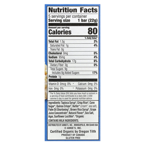 Annie's Homegrown, Crispy Snack Bars, оригинальные батончики, 5 батончиков, 22 г (0,78 унции) каждый