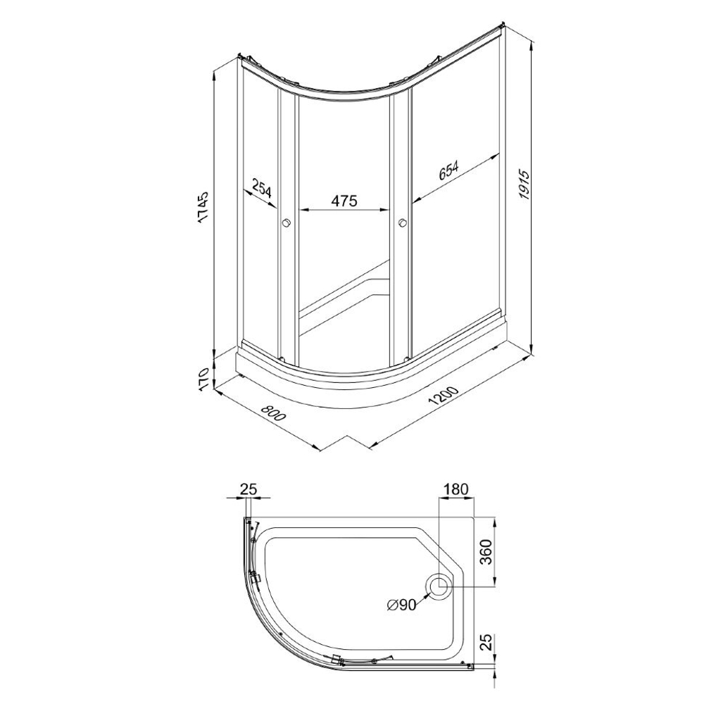 ДО "Риф 120*80 А" прав., 1/4 круга, низк. подд., Белый, (2 места+сифон D90мм)