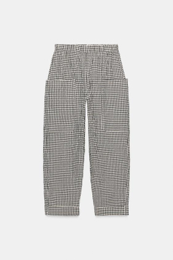 ZARA БРЮКИ В КЛЕТКУ С ЭЛАСТИЧНЫМ ПОЯСОМ, БЕЛЫЙ/ЧЕРНЫЙ