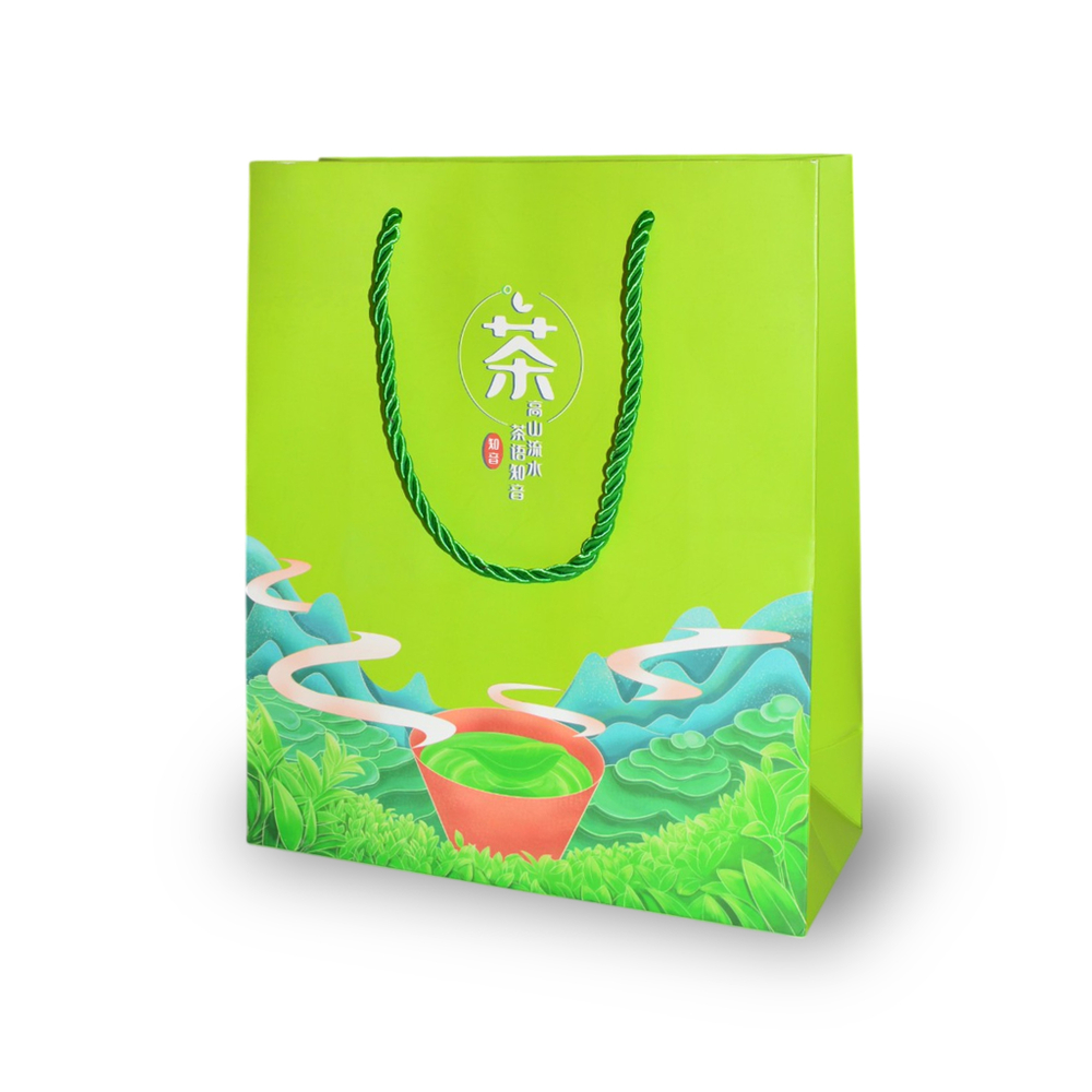 150023 Пакет подарочный с ручками "Лист в чашке", h=26см, l=22см, картон зеленый