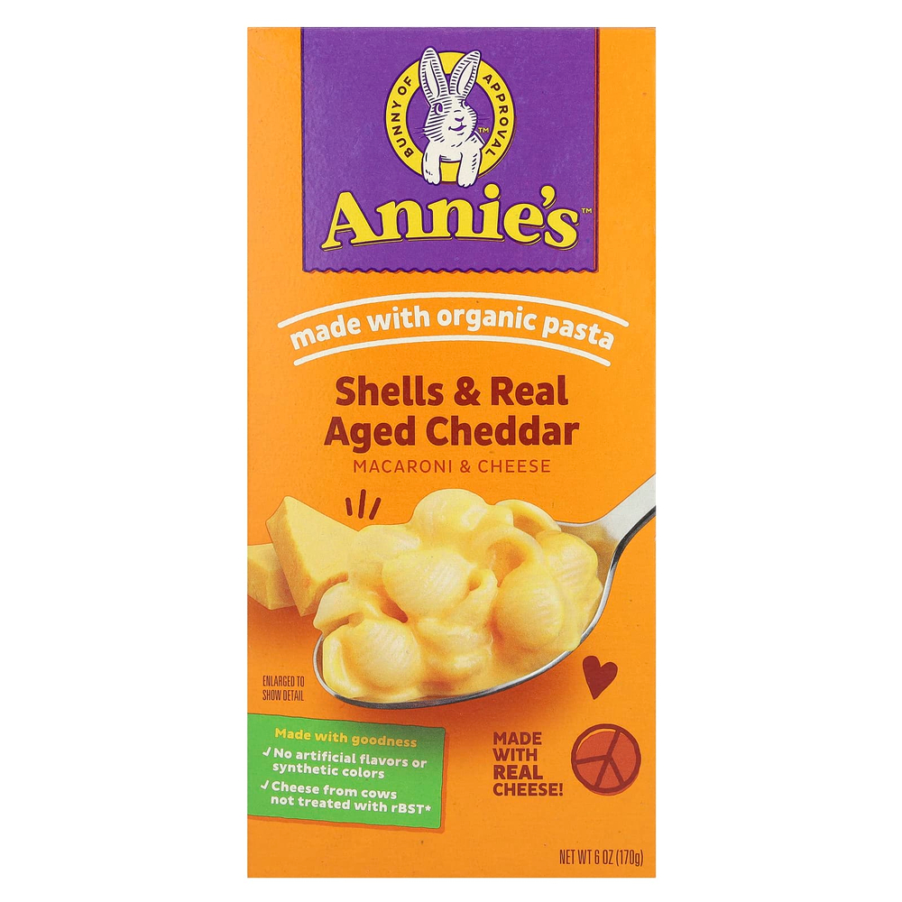 Annie's Homegrown, Макароны и сыр, скорлупа и выдержанный чеддер, 170 г (6 унций)