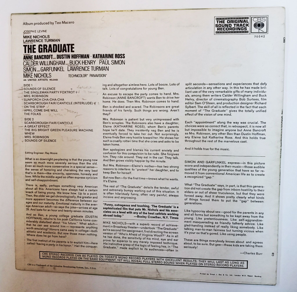 Винтажная виниловая пластинка LP Simon and Garfunkel, Dave Grusin The Graduate (OST) (UK 1968)