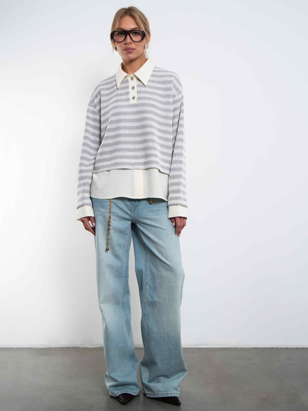 Свитшот-поло с имитацией рубашки (Серый/молочный)