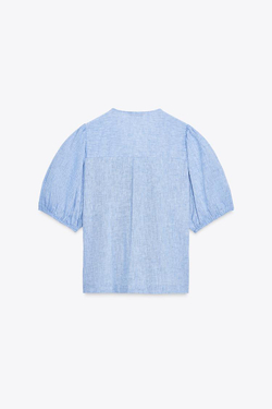 ZARA БЛУЗА ЛЬНЯНАЯ С ЗАВЯЗКАМИ, СИНИЙ