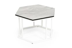 "Женева" интерьерный стол из HPL шестиугольный, D50, H35, цвет "мрамор пепел", каркас из стали белый муар