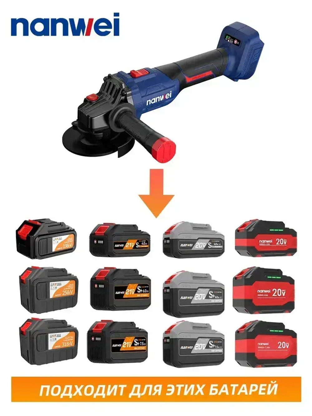 NANWEI 125 мм Угловая шлифовальная машина 5000/7000/9800 об/мин, 20 В, бесщеточный двигатель (Батарея 6,0ah x 2)