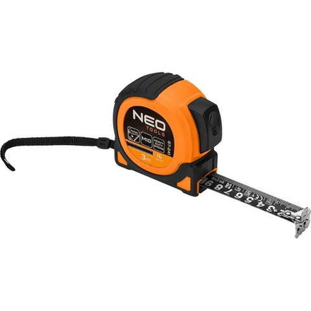 Стальная рулетка NEO TOOLS Super Black 3 м, 16 мм, автоматическая блокировка, две кнопки остановки, магнит 67-241