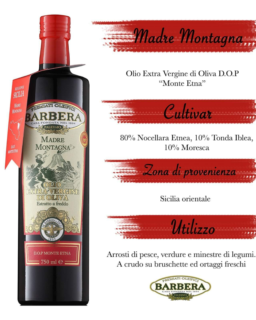 Оливковое масло BARBERA "MADRE MONTAGNA", D.O.P. Monte Etna, Extra Virgin, 750 мл. Италия