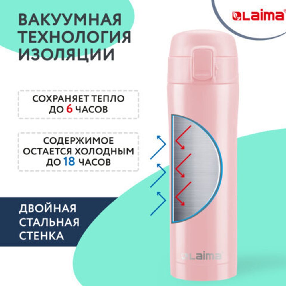 Термокружка 470 мл из нержавеющей стали SUS304, нежно-розовый бархат матовый, LAIMA, 608824