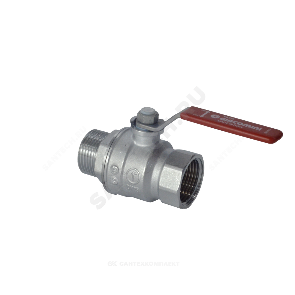 Кран шаровой латунь хром R854L Ду 50 Ру42 ВР/НР полнопроходной рычаг красный Giacomini R854LX028